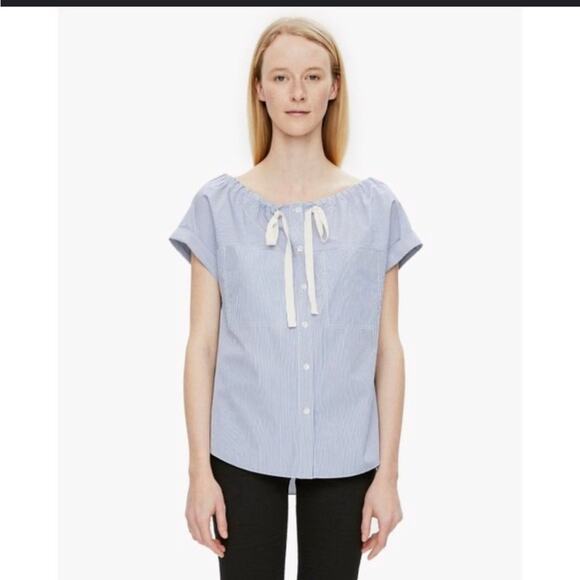 Theory blue striped cotton tie front short sleeve blouse top size medium button - Picture 1 of 10